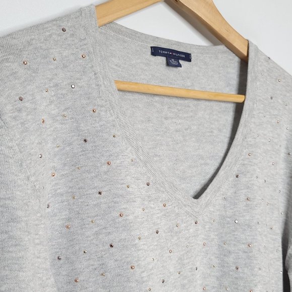 TOMMY HILFIGER Grey Cotton V-neck Sweater w Rose Gold Studs size XL - Picture 1 of 12